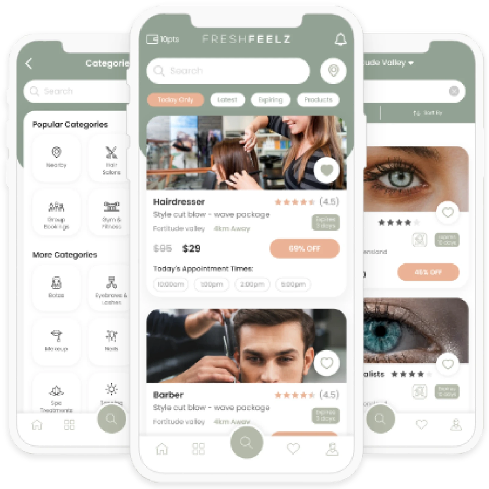 FreshFeelz mobile app screens — Categories, Barber & Hairdresser bookings
