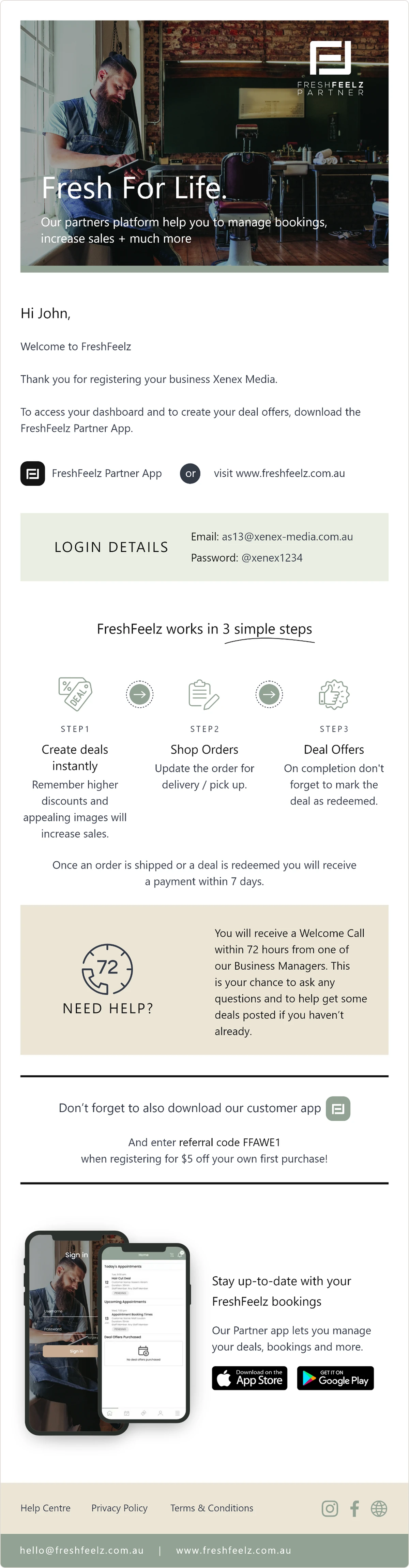 FreshFeelz partner email — Welcome partner onboarding