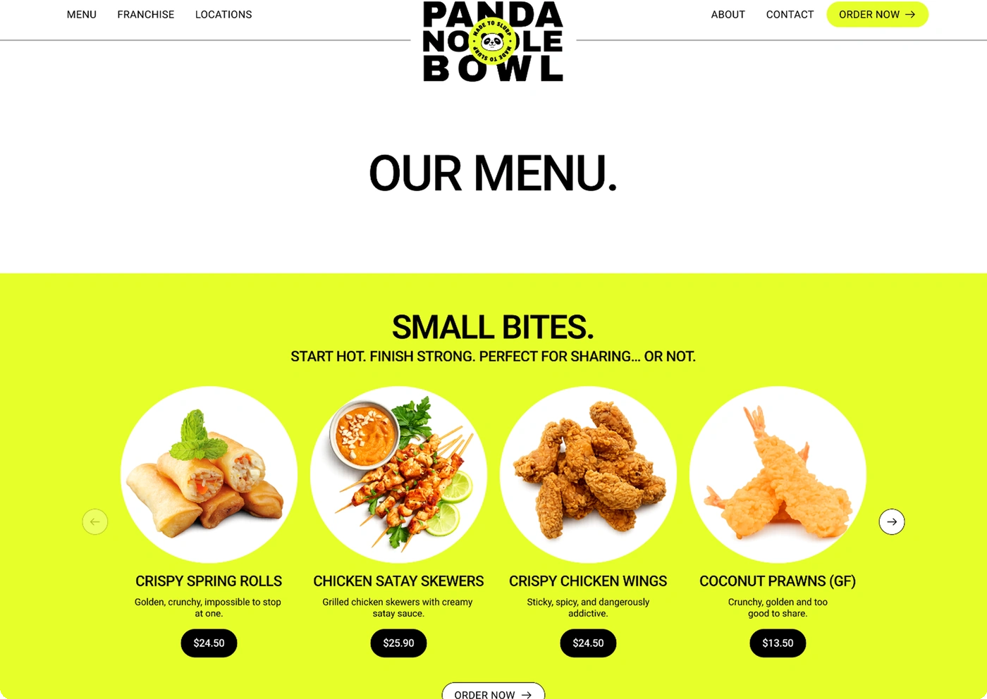 Panda Noodle Bowl menu section
