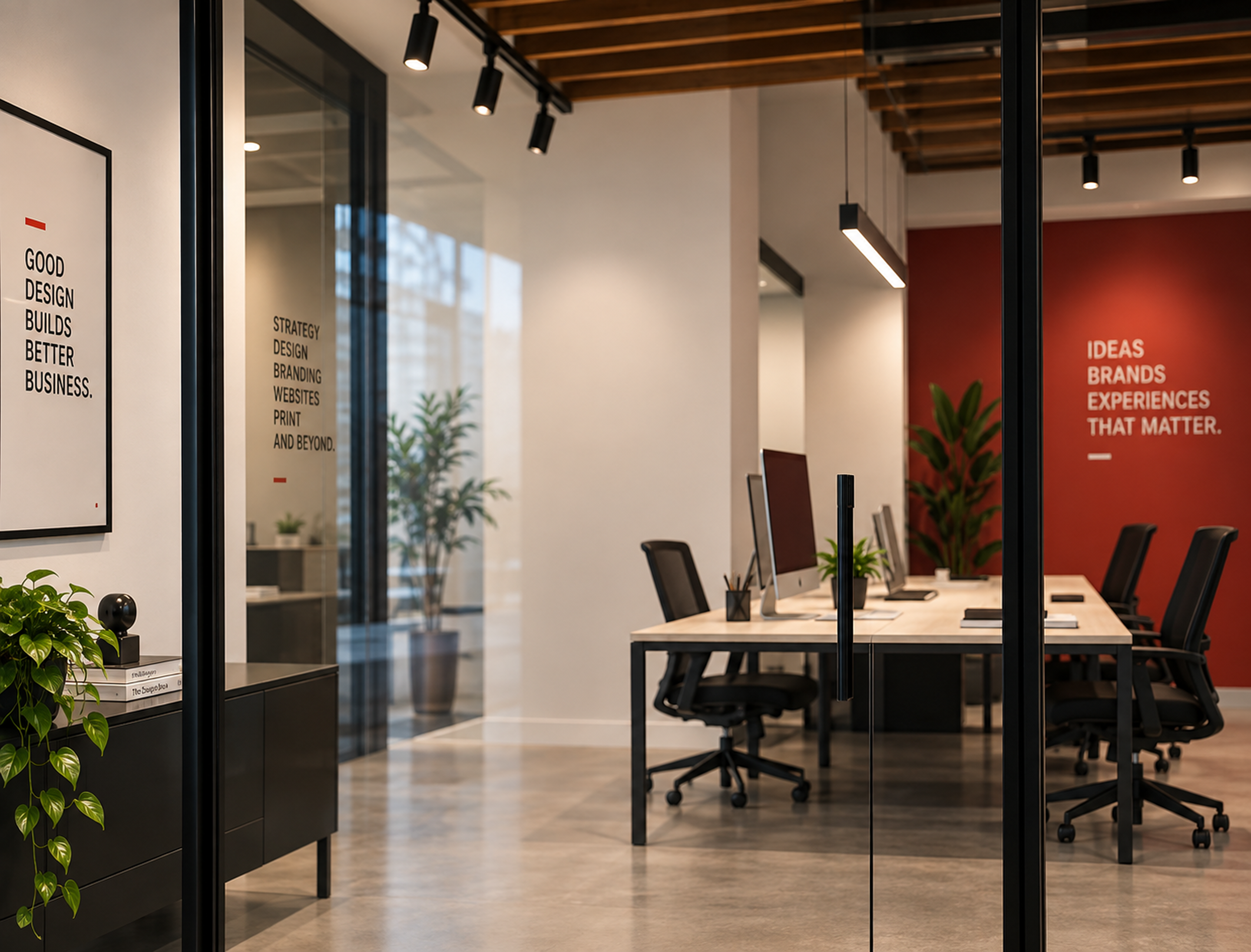 Dsquare Studio office interior with brand messaging on the walls