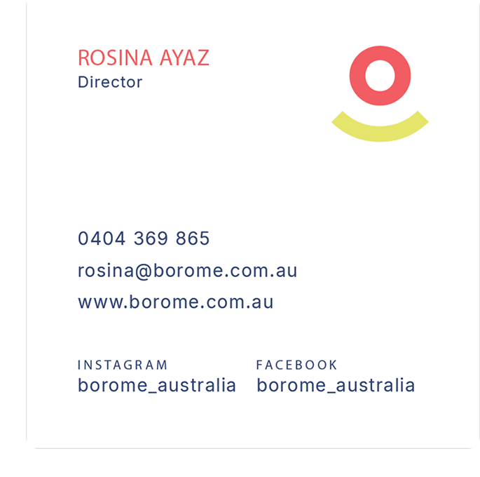 BoroMe business card for Rosina Ayaz, Director