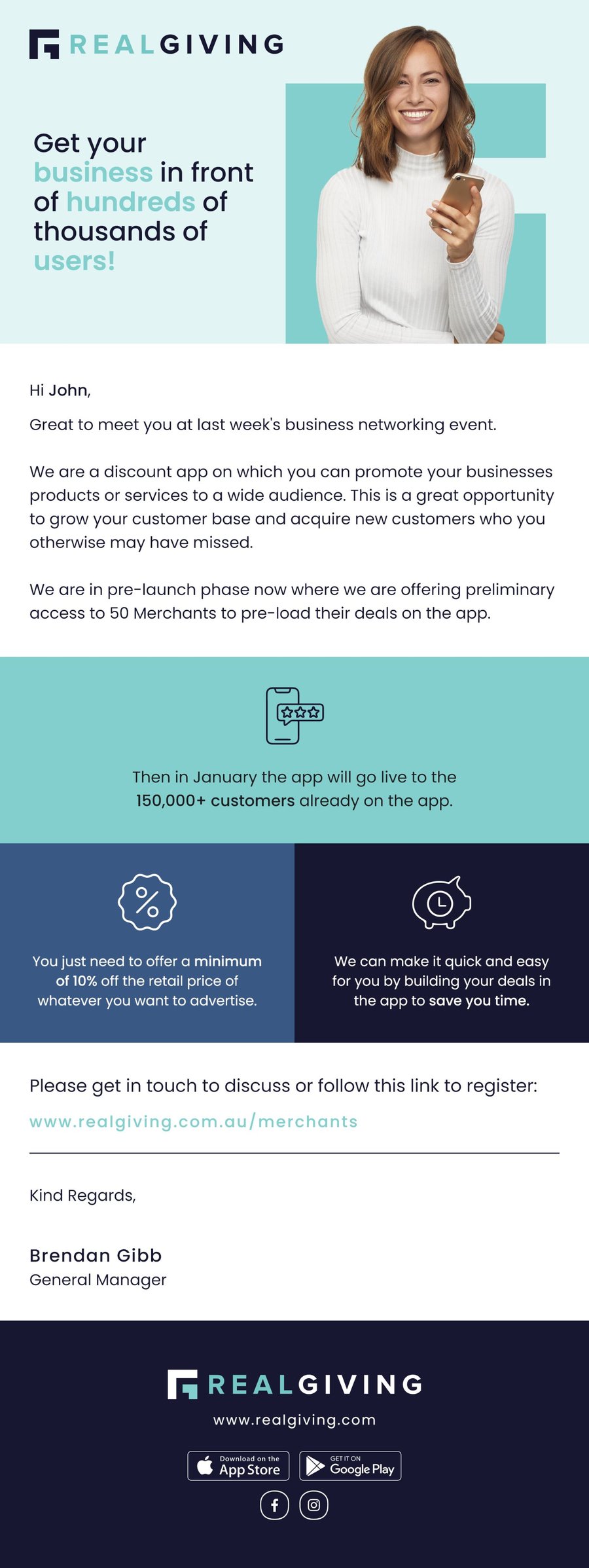 Real Giving merchant outreach email design